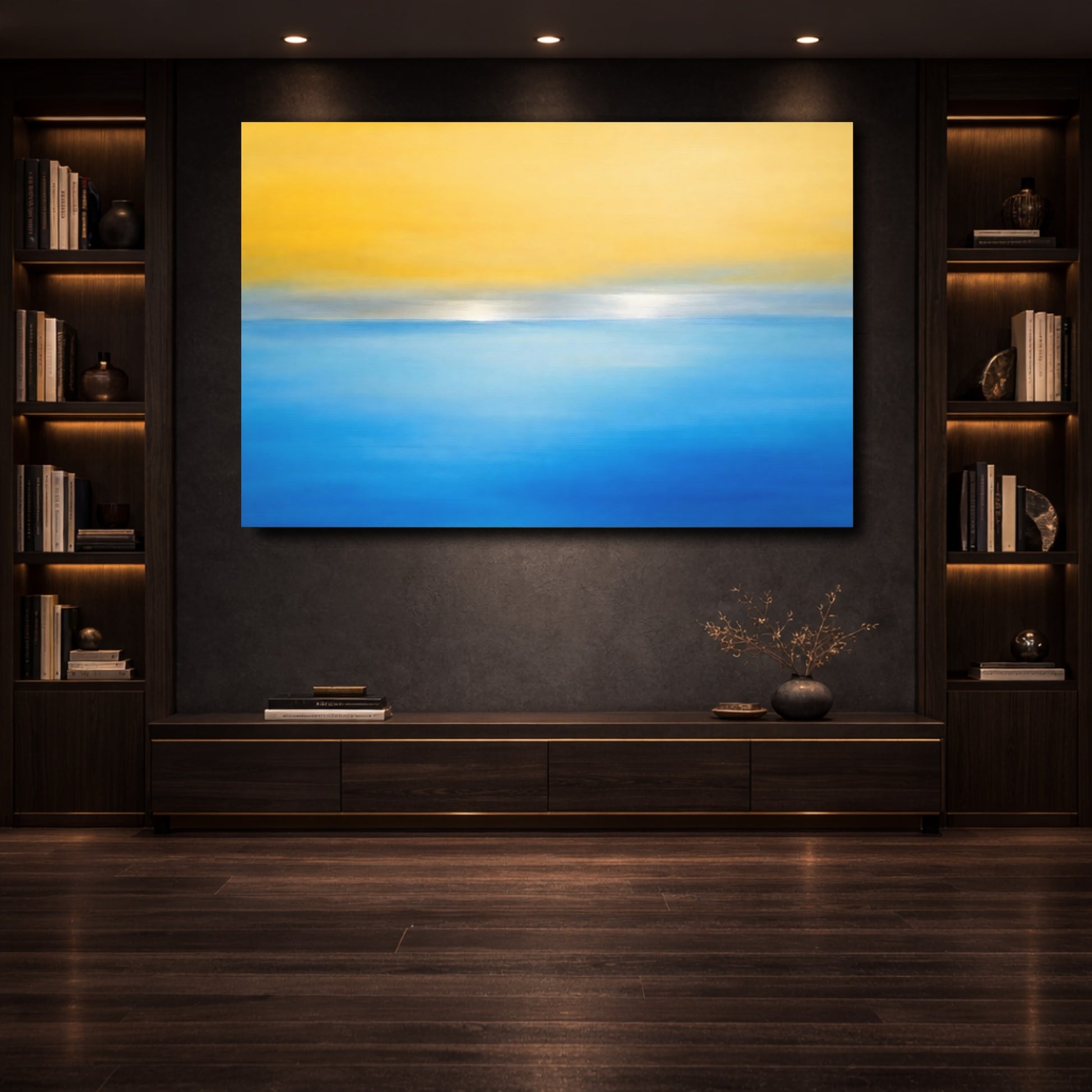 Mockup 3. Abstract Horizon Yellow And Blue shown as stretched canvas wall art