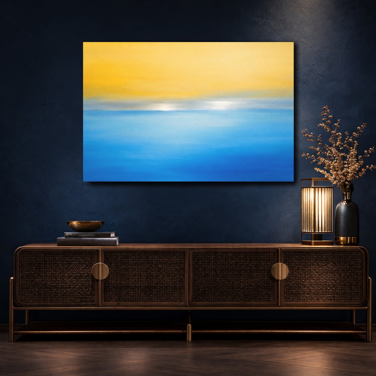 Mockup 4. Abstract Horizon Yellow And Blue shown as stretched canvas wall art