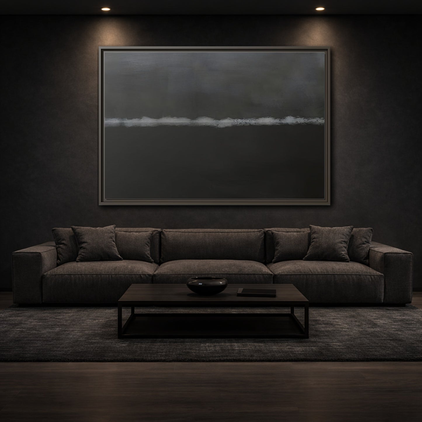 Mockup 2. Abstract Horizontal Line Dark Grey And White shown as stretched canvas wall art