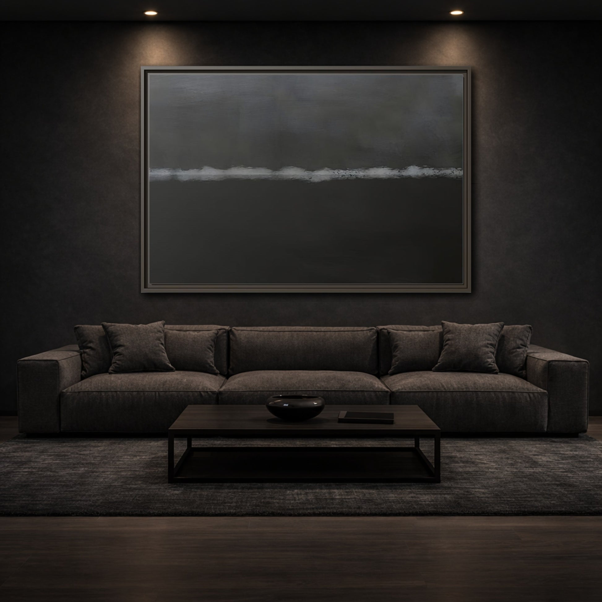 Mockup 2. Abstract Horizontal Line Dark Grey And White shown as stretched canvas wall art