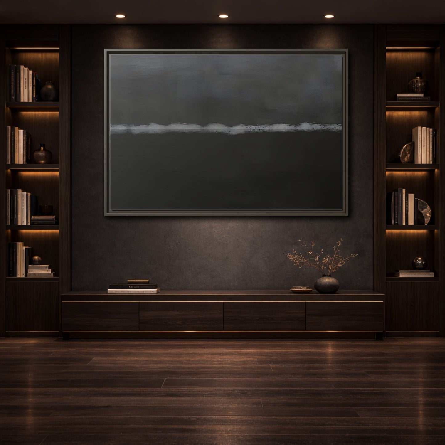 Mockup 3. Abstract Horizontal Line Dark Grey And White shown as stretched canvas wall art