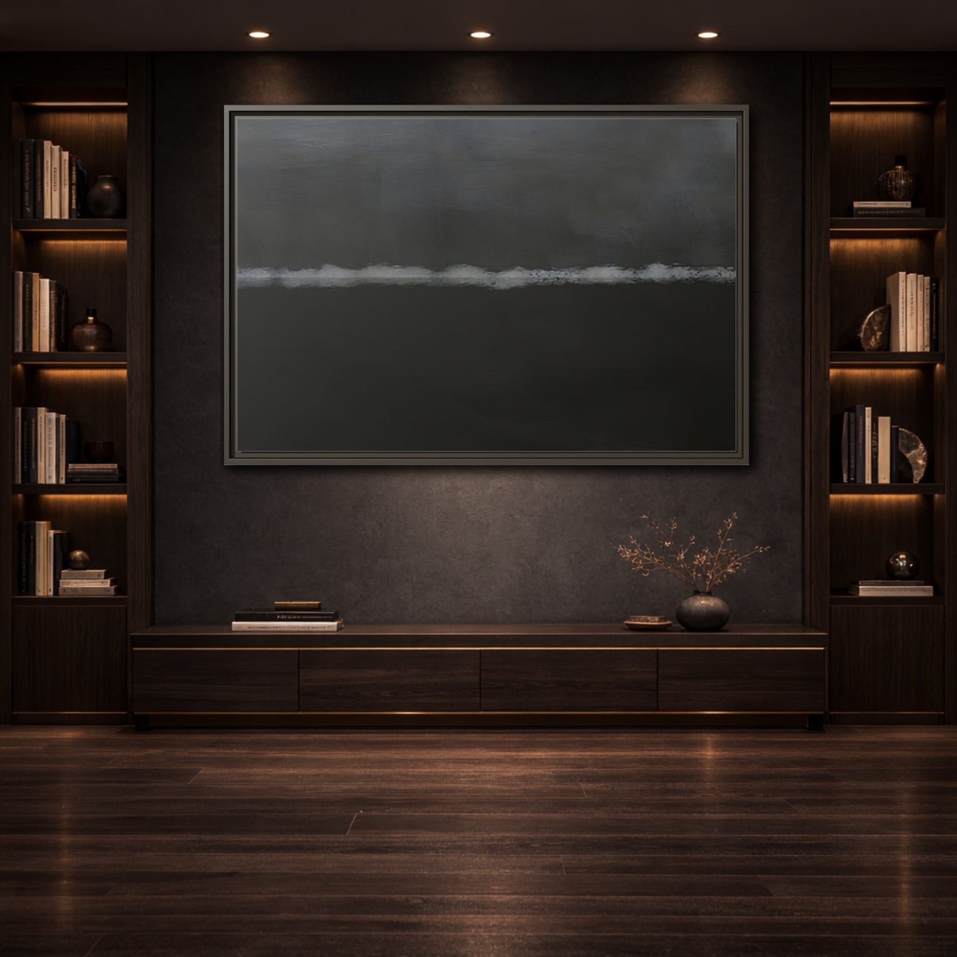 Mockup 3. Abstract Horizontal Line Dark Grey And White shown as stretched canvas wall art