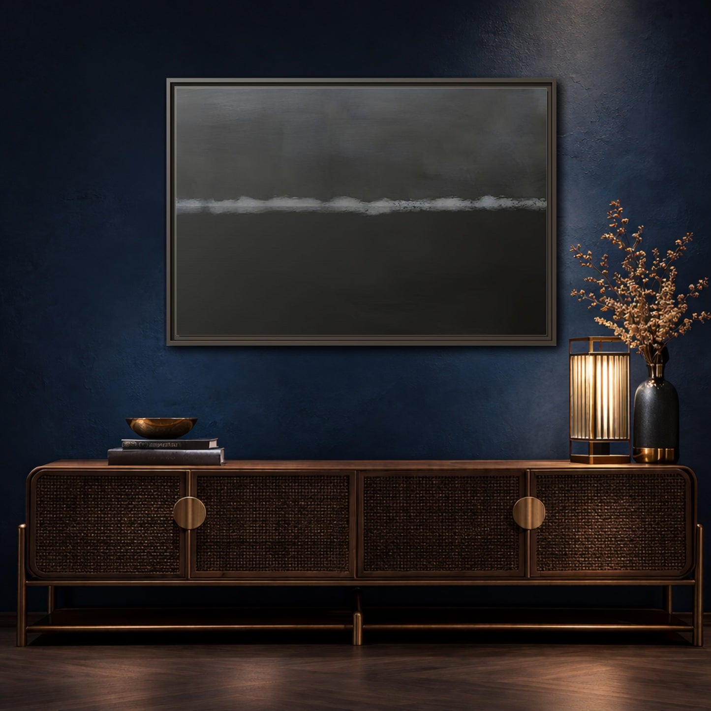 Mockup 4. Abstract Horizontal Line Dark Grey And White shown as stretched canvas wall art