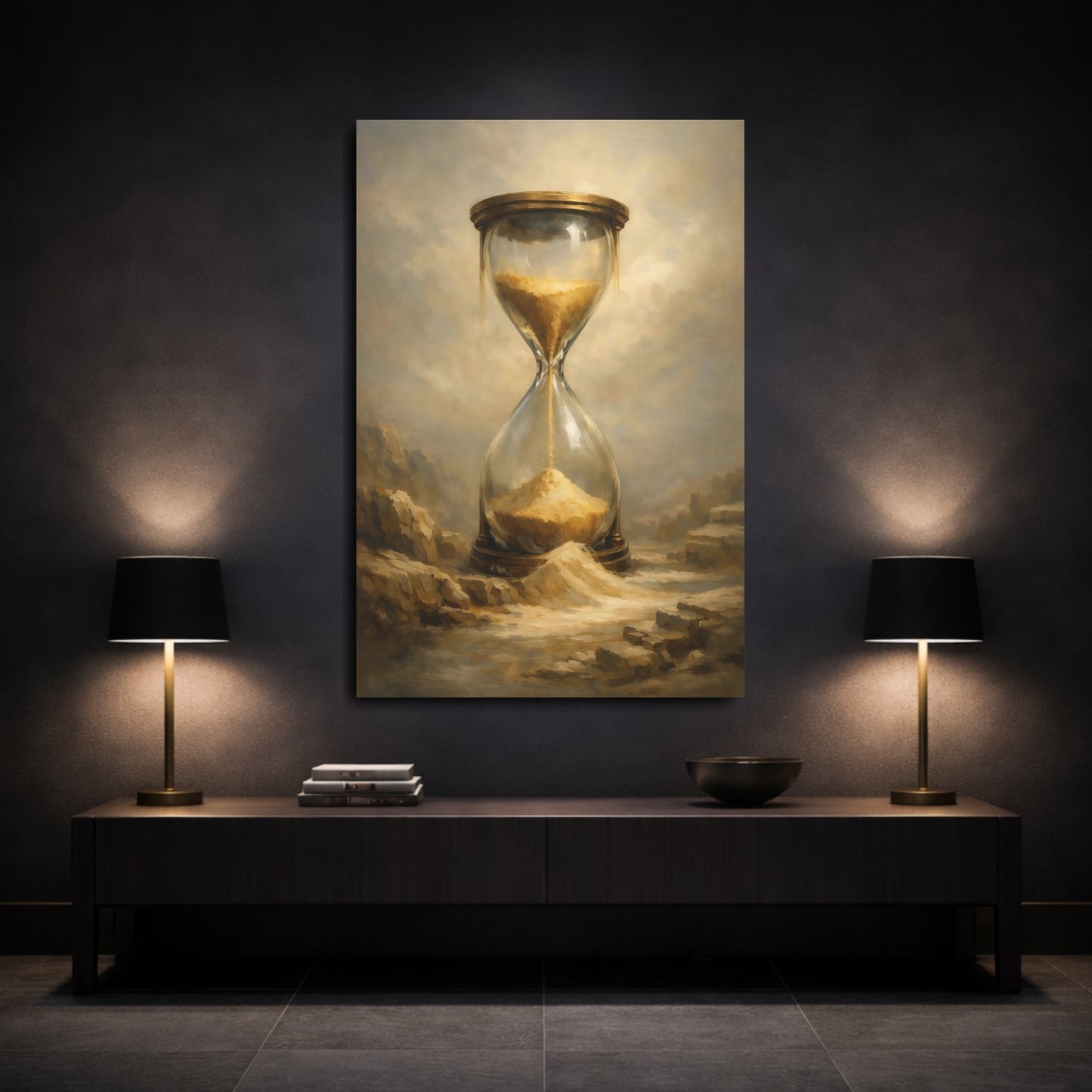 Mockup 2. Abstract Hourglass Gold Hourglass shown as stretched canvas wall art