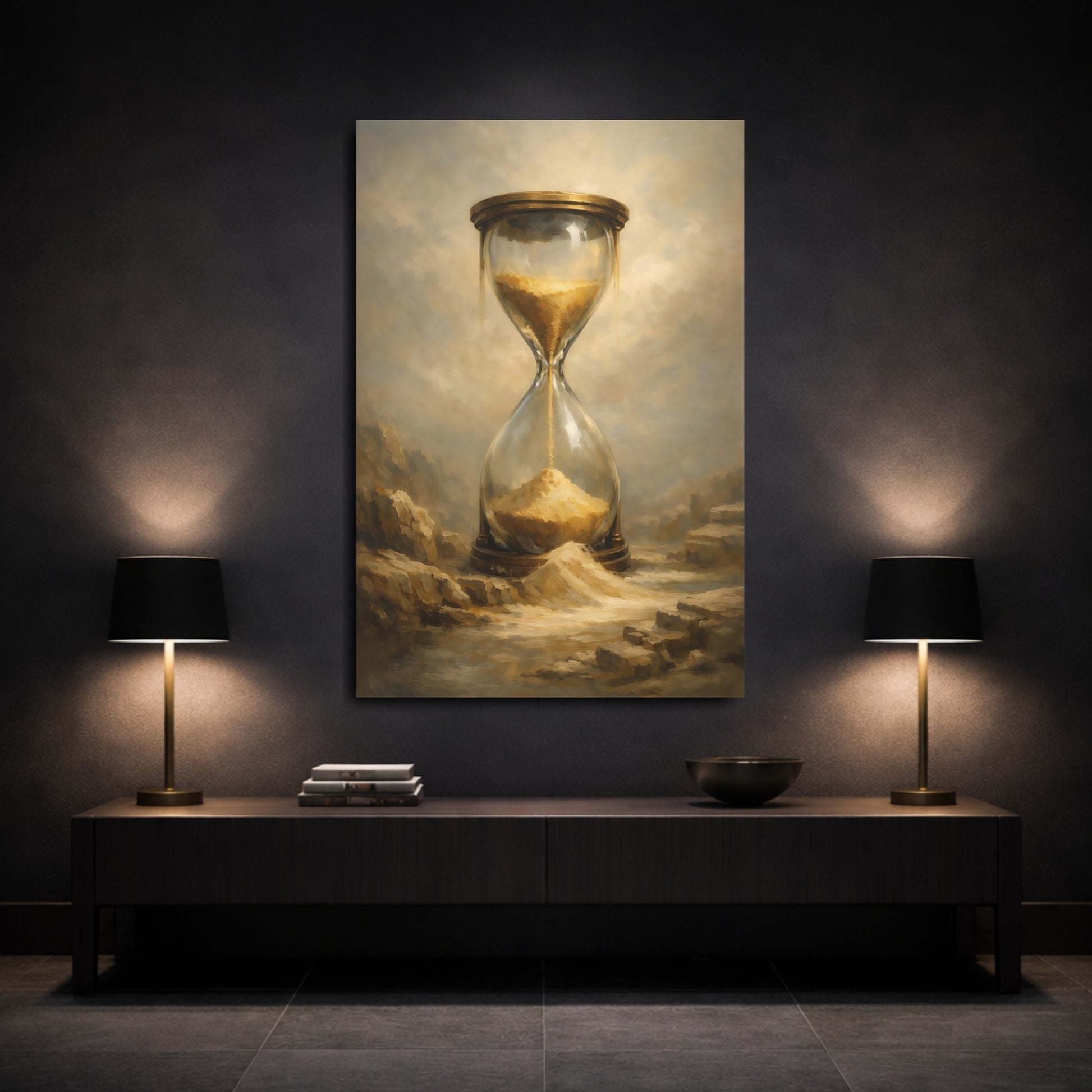 Mockup 2. Abstract Hourglass Gold Hourglass shown as stretched canvas wall art