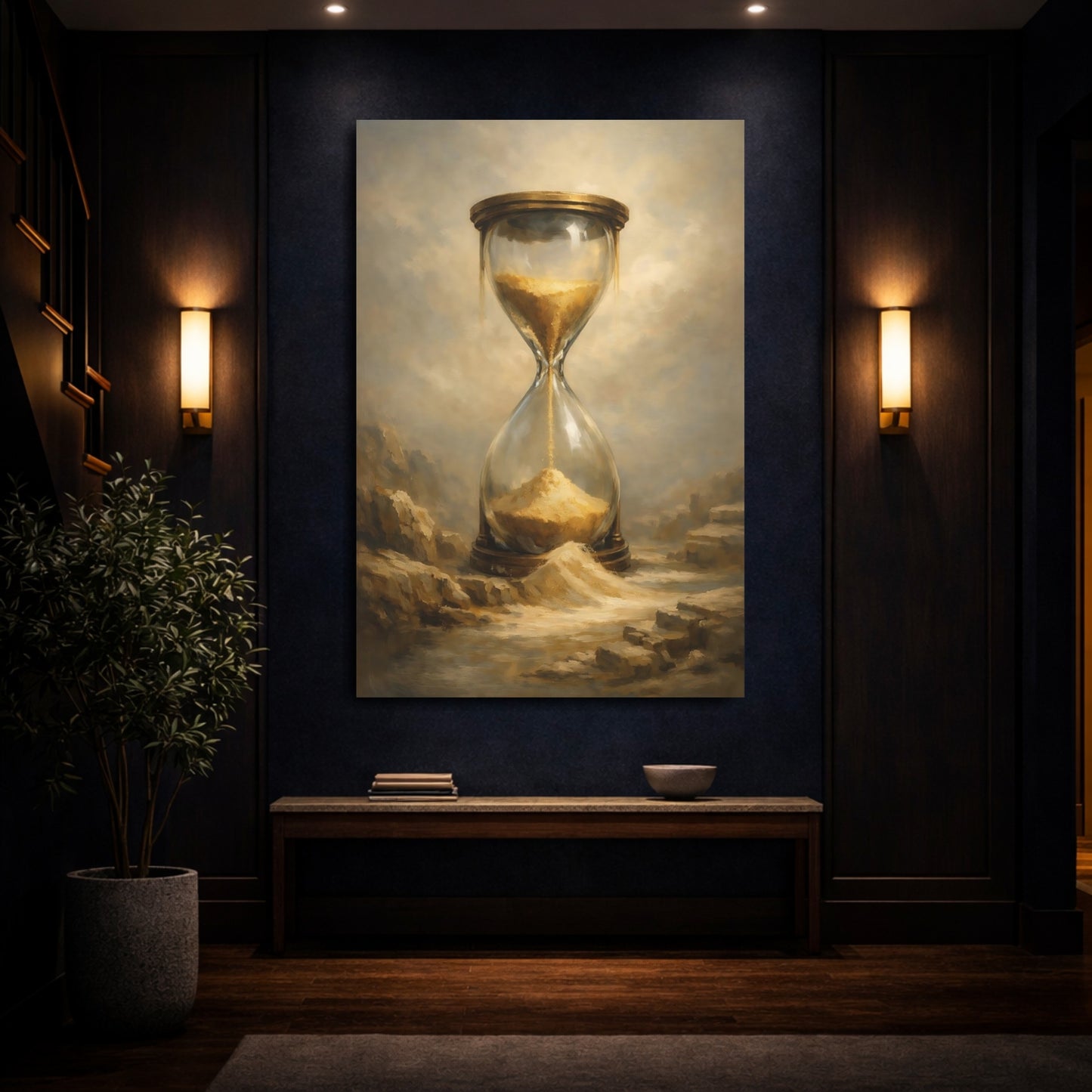 Mockup 3. Abstract Hourglass Gold Hourglass shown as stretched canvas wall art