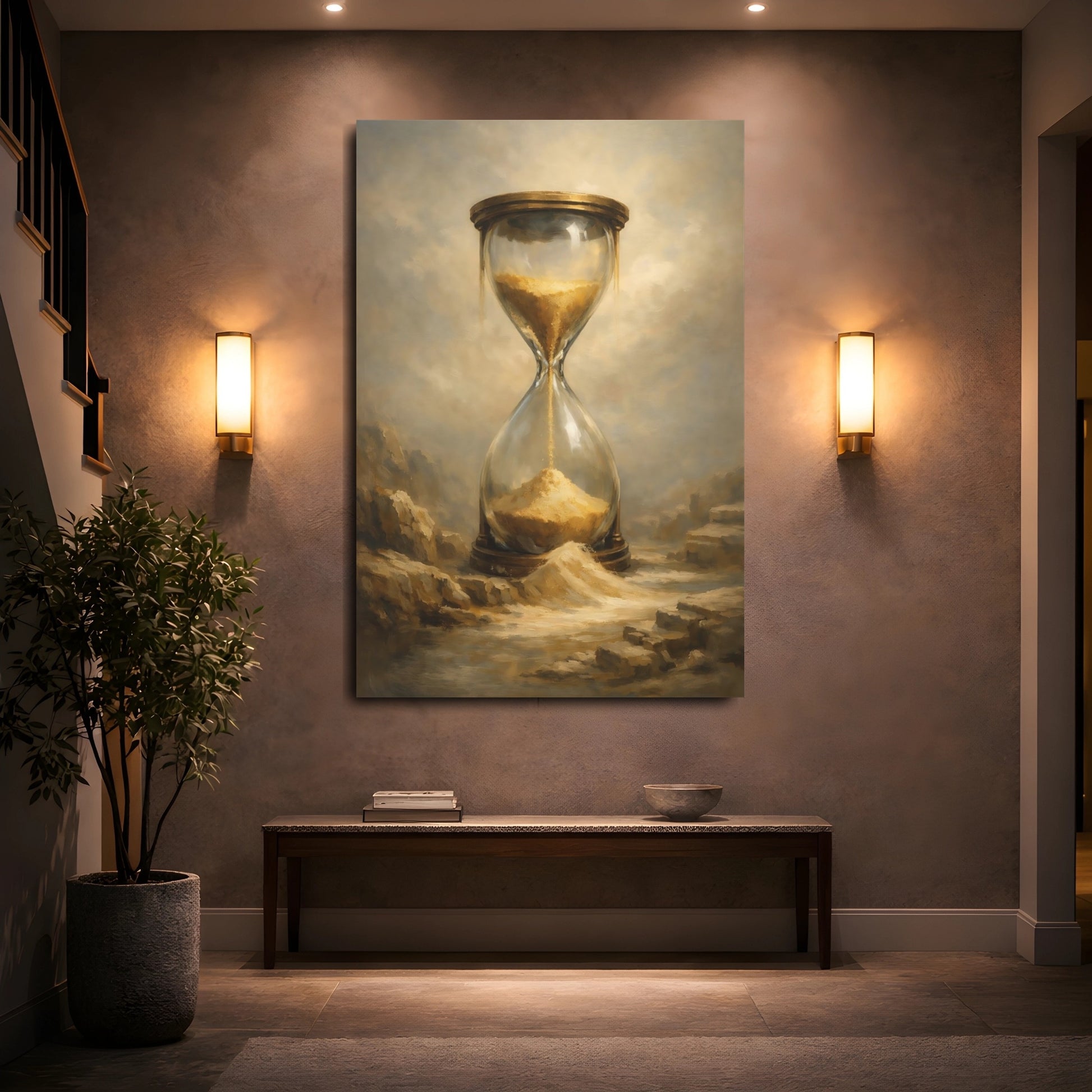 Mockup 4. Abstract Hourglass Gold Hourglass shown as stretched canvas wall art
