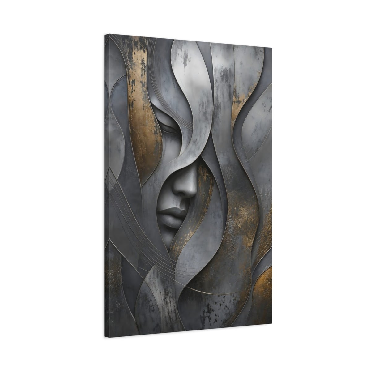 Abstract Human Face Grey And Gold Canvas Wall Art Print – Living Room, Above Couch - YesArtYes
