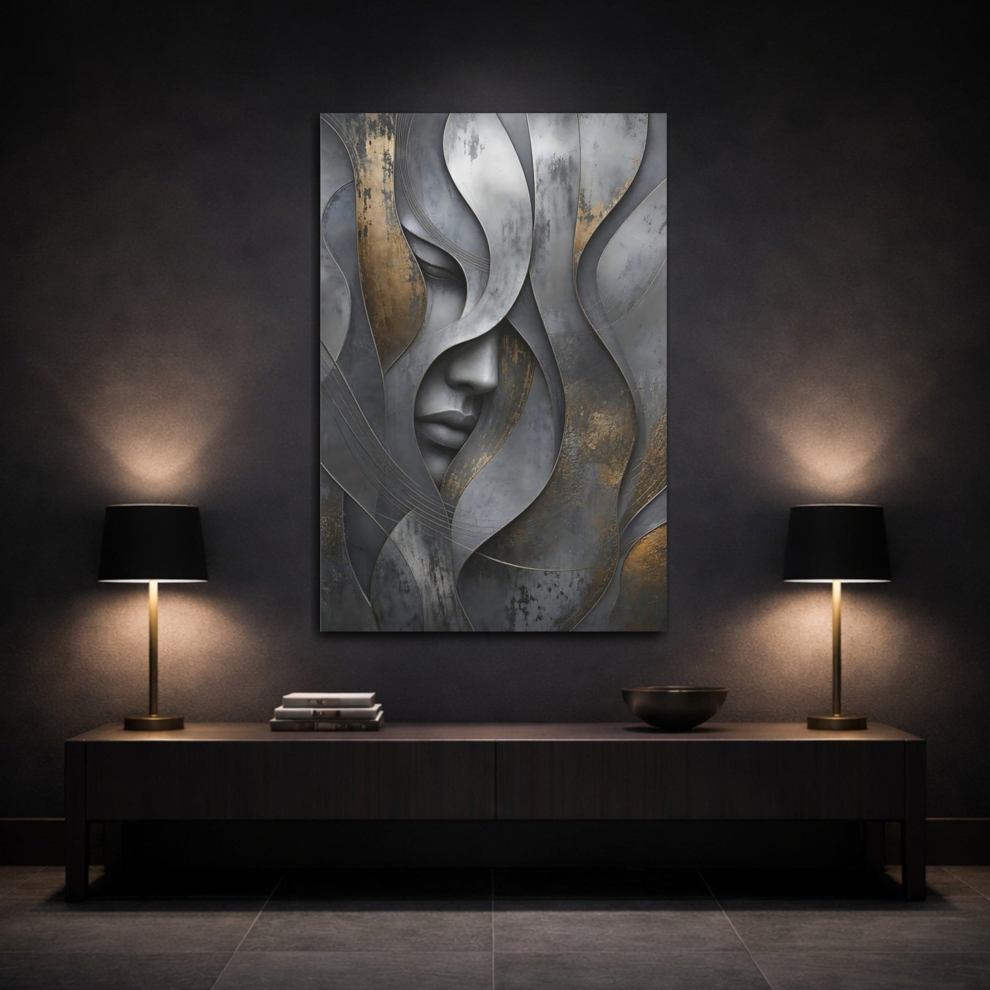 Abstract Human Face Grey And Gold Canvas Wall Art Print – Living Room, Above Couch - YesArtYes