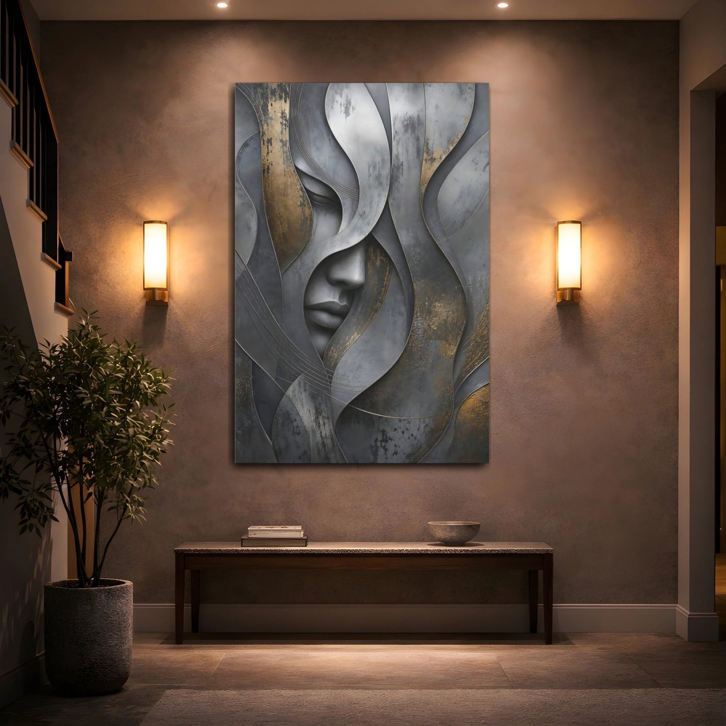 Abstract Human Face Grey And Gold Canvas Wall Art Print – Living Room, Above Couch - YesArtYes
