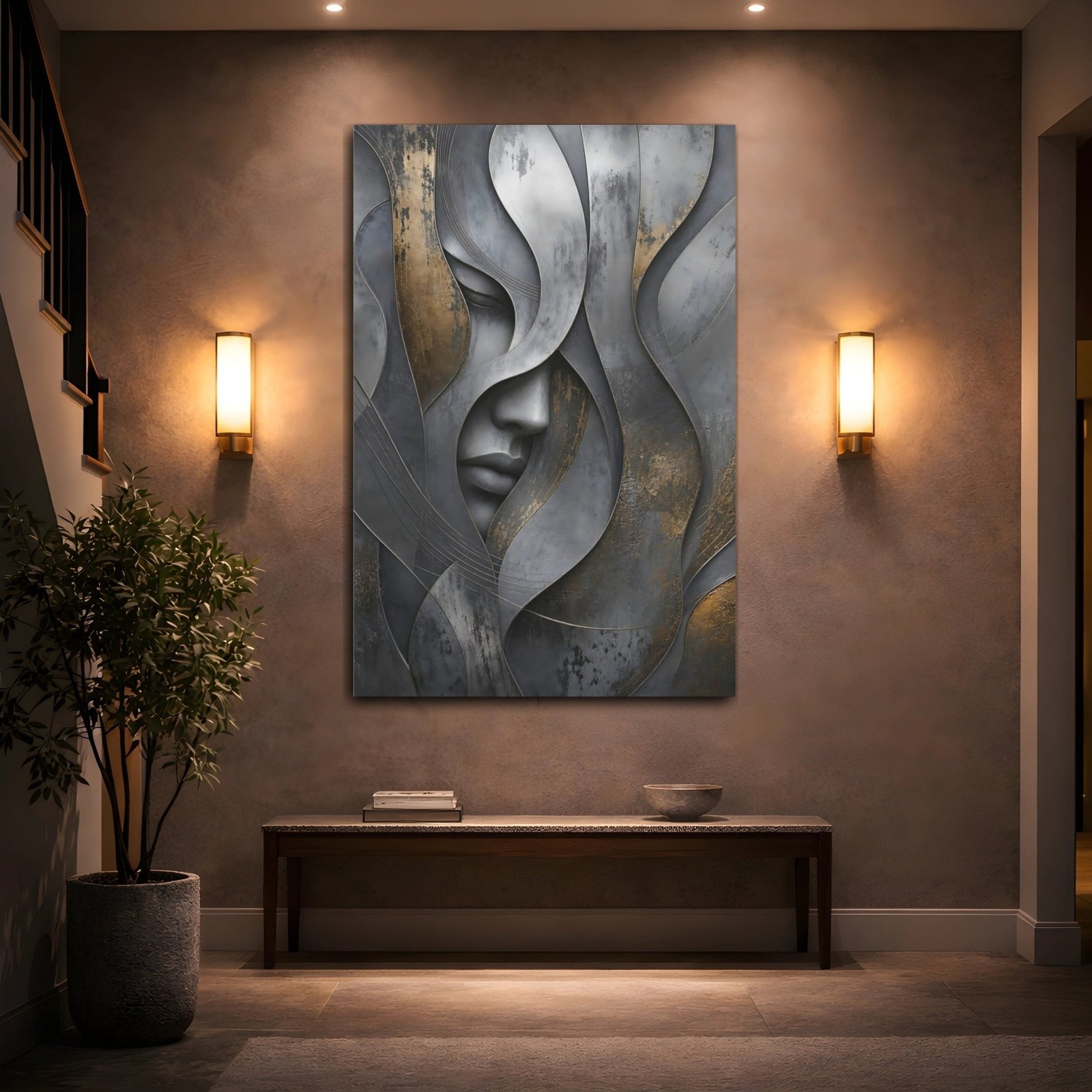 Abstract Human Face Grey And Gold Canvas Wall Art Print – Living Room, Above Couch - YesArtYes