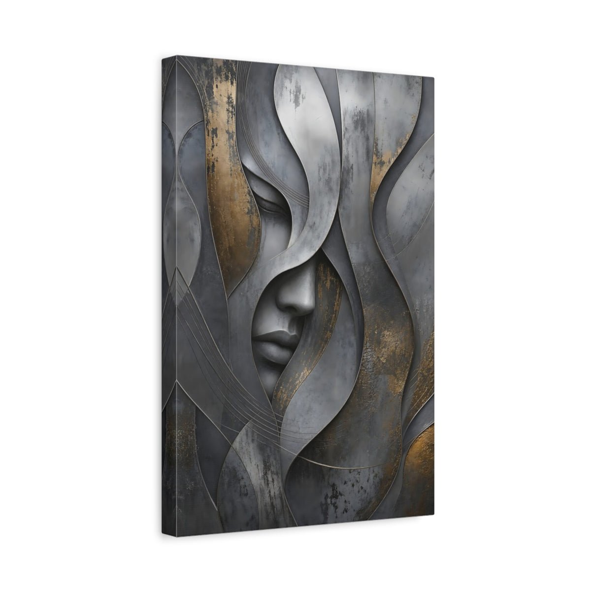 Abstract Human Face Grey And Gold Canvas Wall Art Print – Living Room, Above Couch - YesArtYes