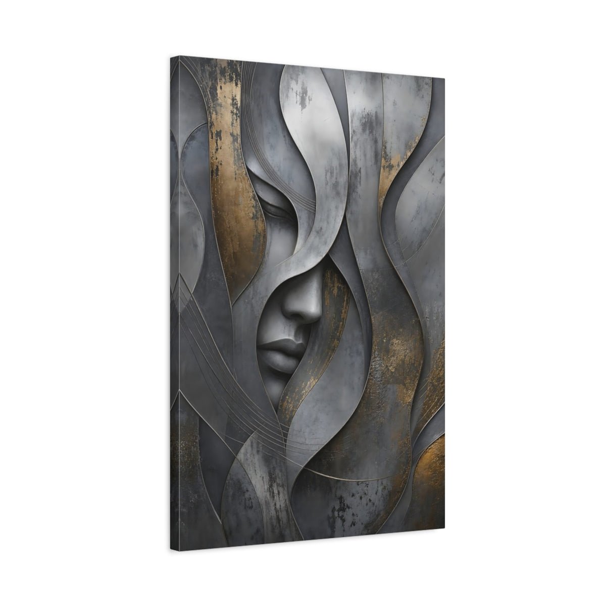 Abstract Human Face Grey And Gold Canvas Wall Art Print – Living Room, Above Couch - YesArtYes