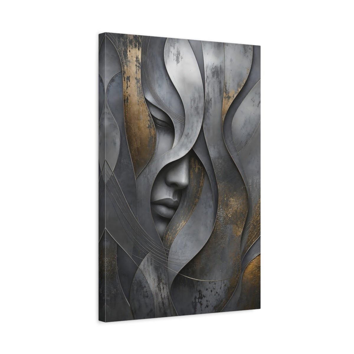 Abstract Human Face Grey And Gold Canvas Wall Art Print – Living Room, Above Couch - YesArtYes
