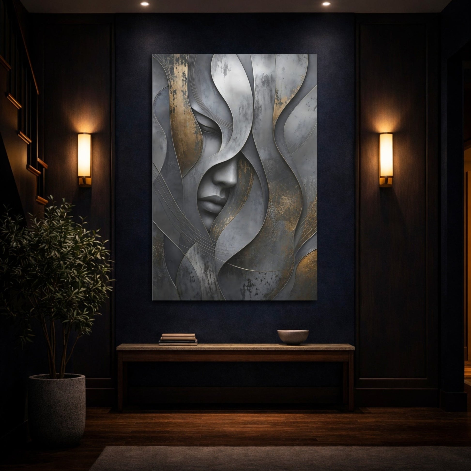 Abstract Human Face Grey And Gold Canvas Wall Art Print – Living Room, Above Couch - YesArtYes