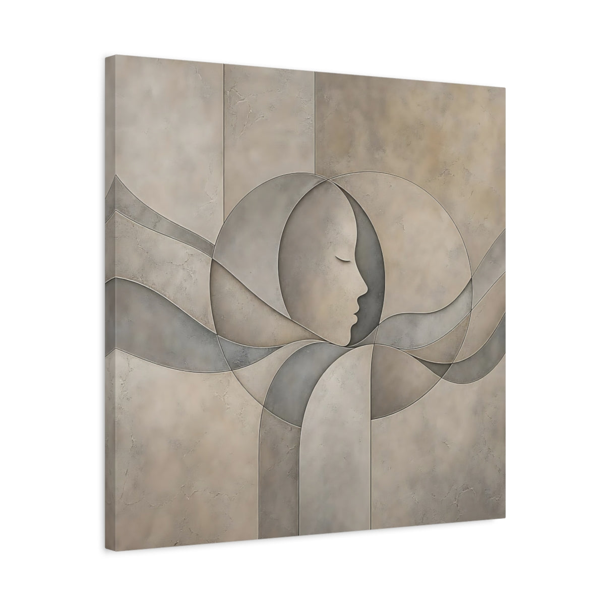 Side Mockup 4. Abstract Human Profile Beige And Grey shown as stretched canvas wall art