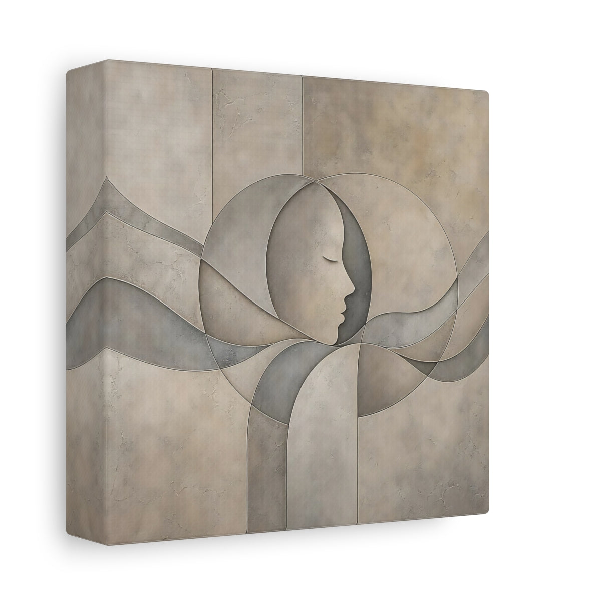 Side Mockup 2. Abstract Human Profile Beige And Grey shown as stretched canvas wall art