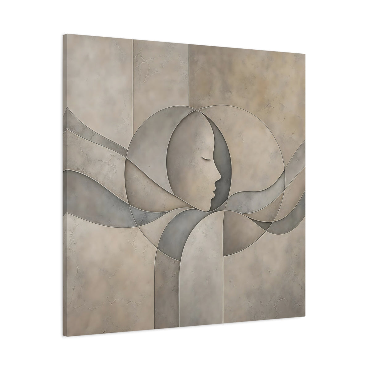 Side Mockup 1. Abstract Human Profile Beige And Grey shown as stretched canvas wall art