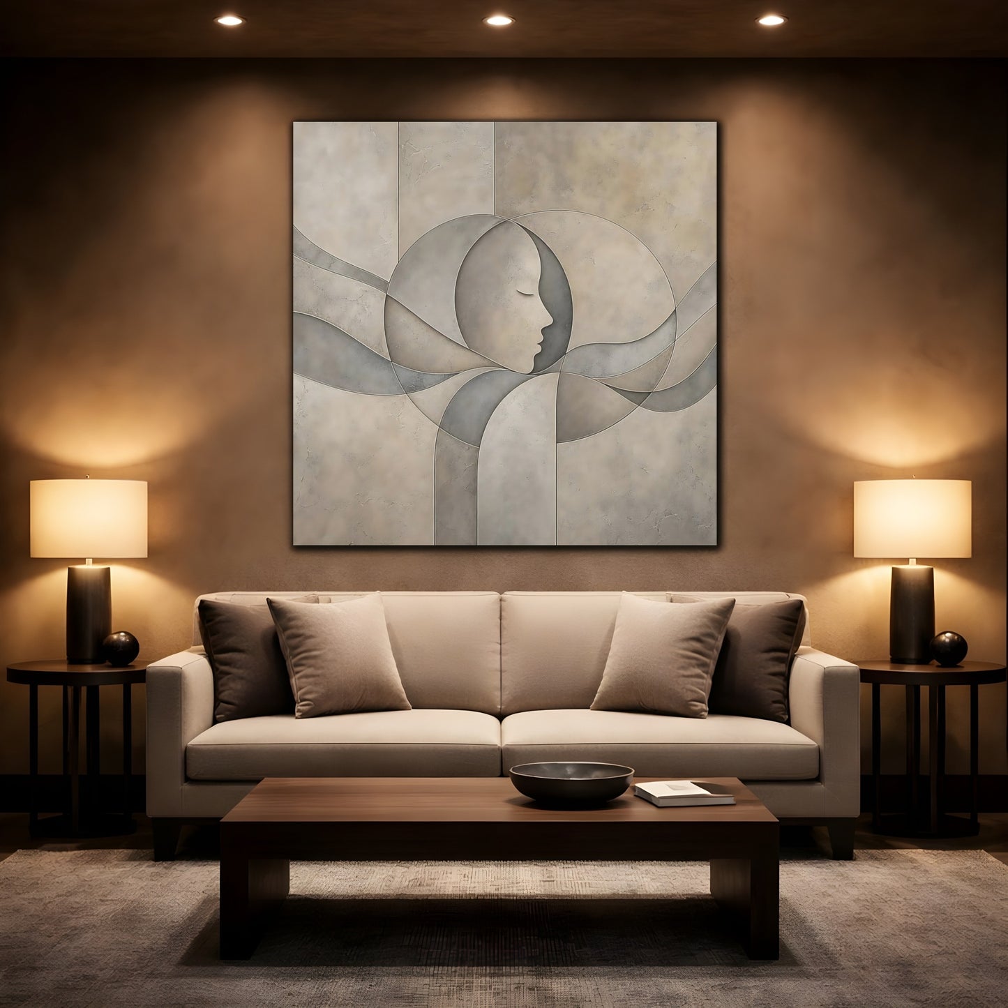 Mockup 2. Abstract Human Profile Beige And Grey shown as stretched canvas wall art