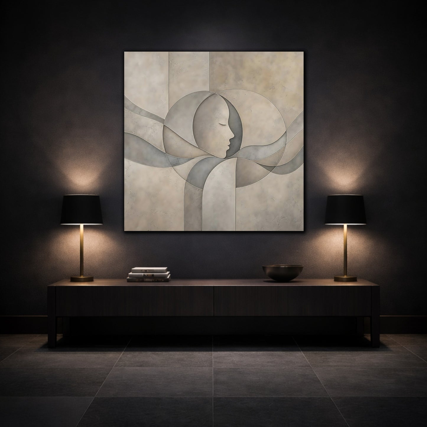 Mockup 3. Abstract Human Profile Beige And Grey shown as stretched canvas wall art