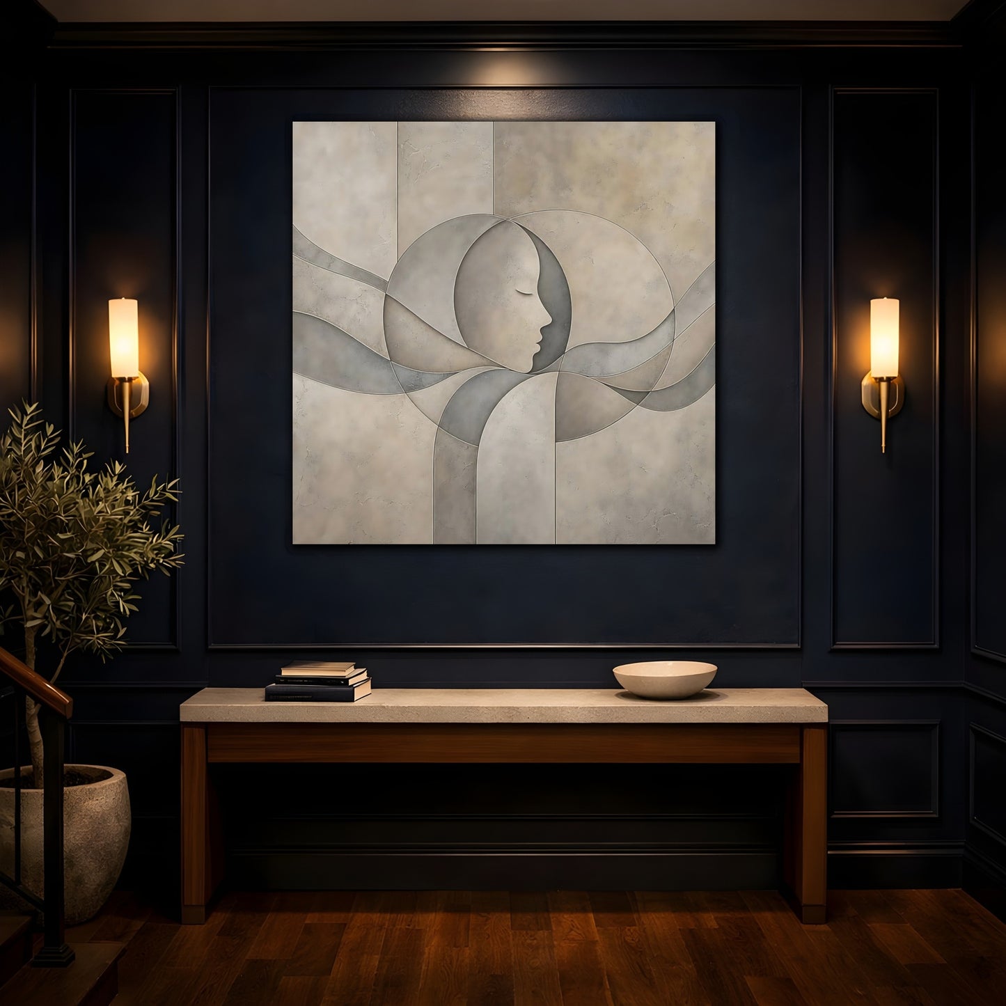 Mockup 4. Abstract Human Profile Beige And Grey shown as stretched canvas wall art