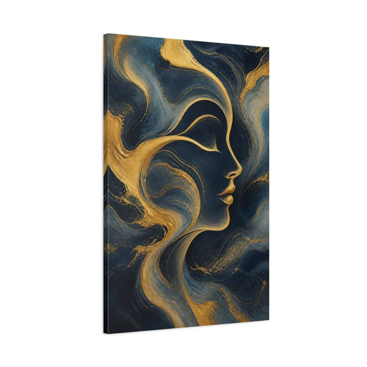 Main Mockup. Abstract Human Profile Blue And Gold shown as stretched canvas wall art