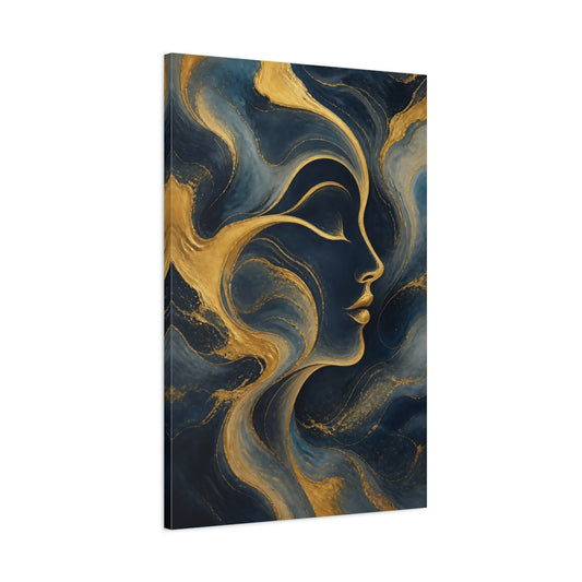 Main Mockup. Abstract Human Profile Blue And Gold shown as stretched canvas wall art