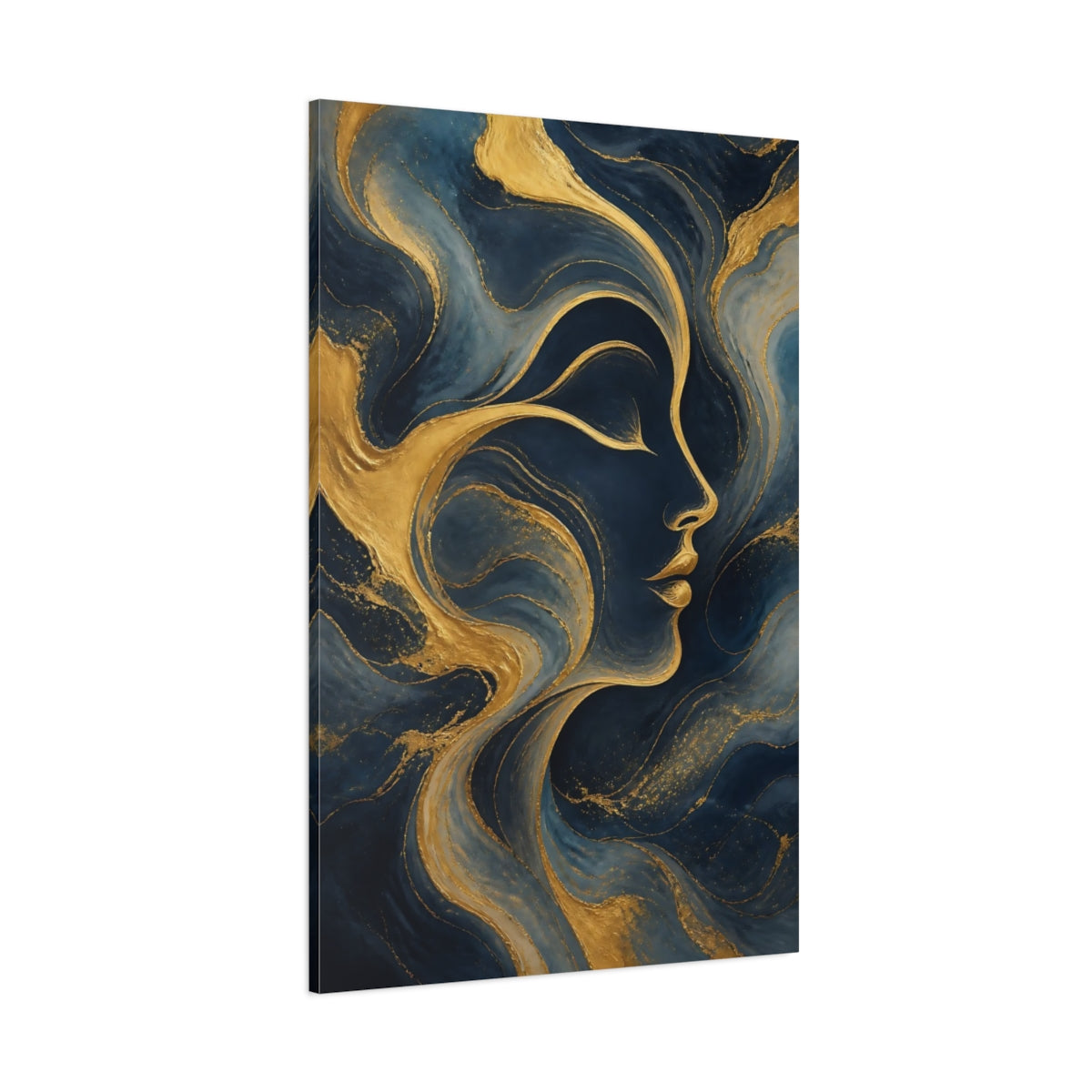 Side Mockup 1. Abstract Human Profile Blue And Gold shown as stretched canvas wall art