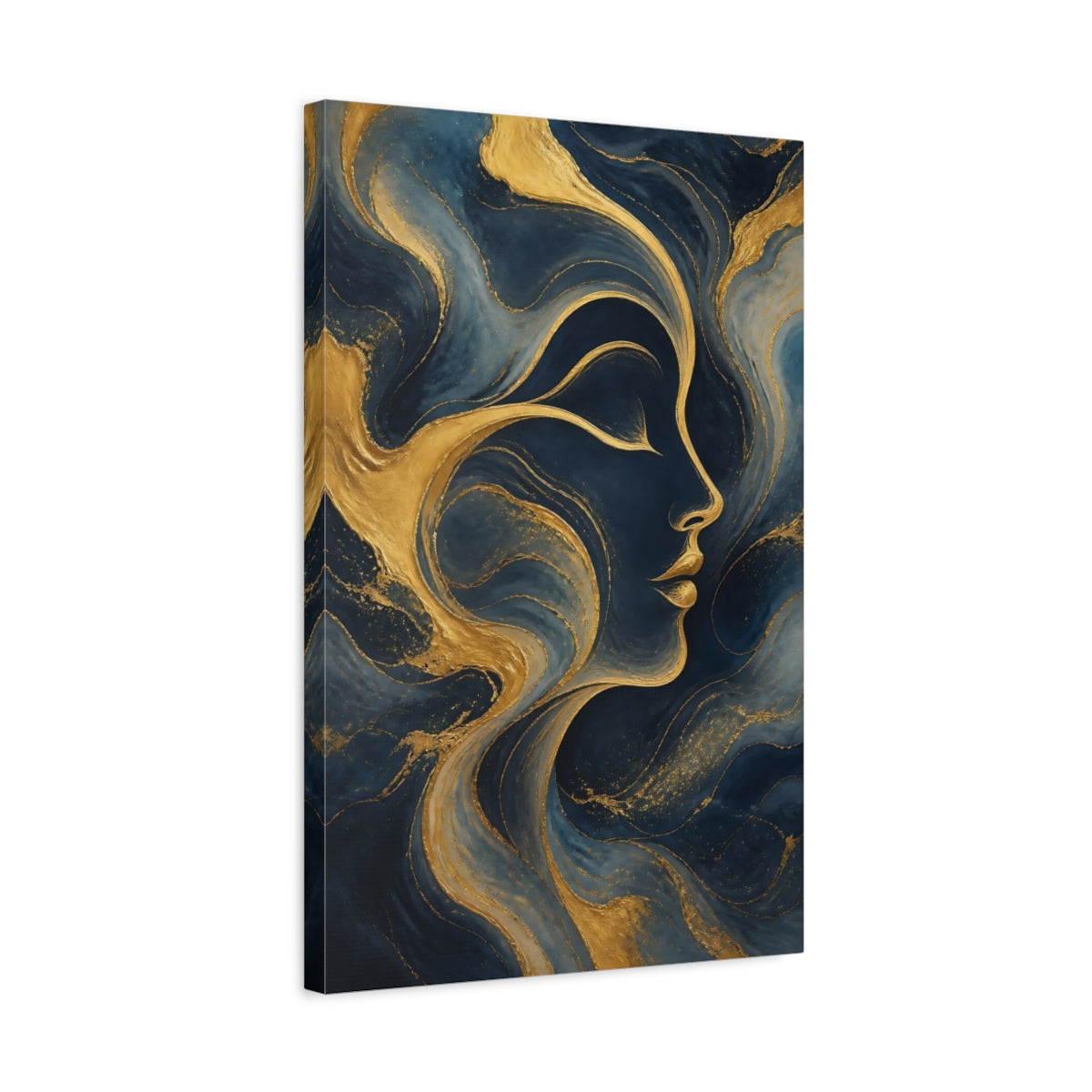 Side Mockup 3. Abstract Human Profile Blue And Gold shown as stretched canvas wall art