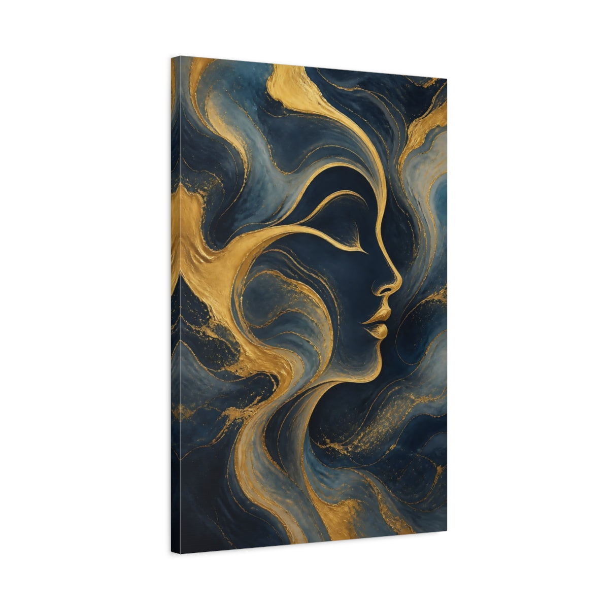 Side Mockup 2. Abstract Human Profile Blue And Gold shown as stretched canvas wall art