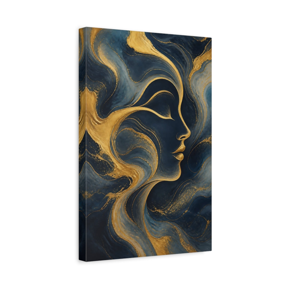 Side Mockup 4. Abstract Human Profile Blue And Gold shown as stretched canvas wall art