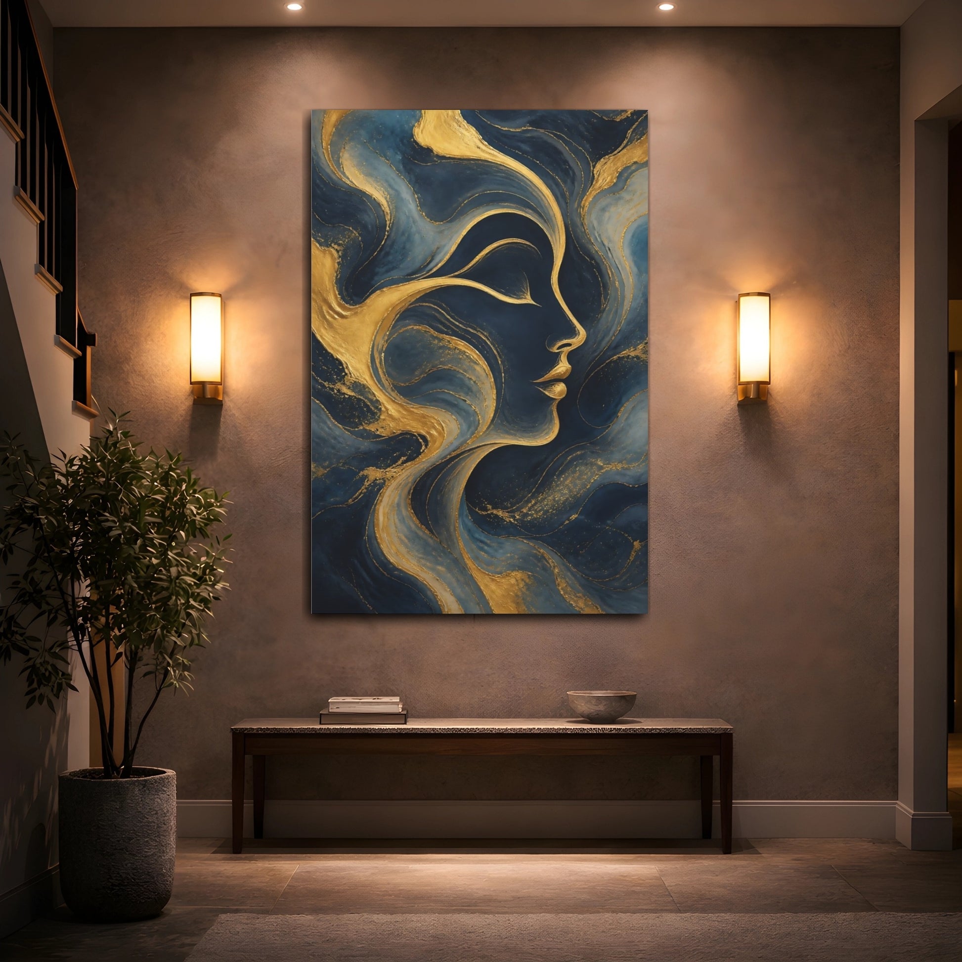 Mockup 2. Abstract Human Profile Blue And Gold shown as stretched canvas wall art
