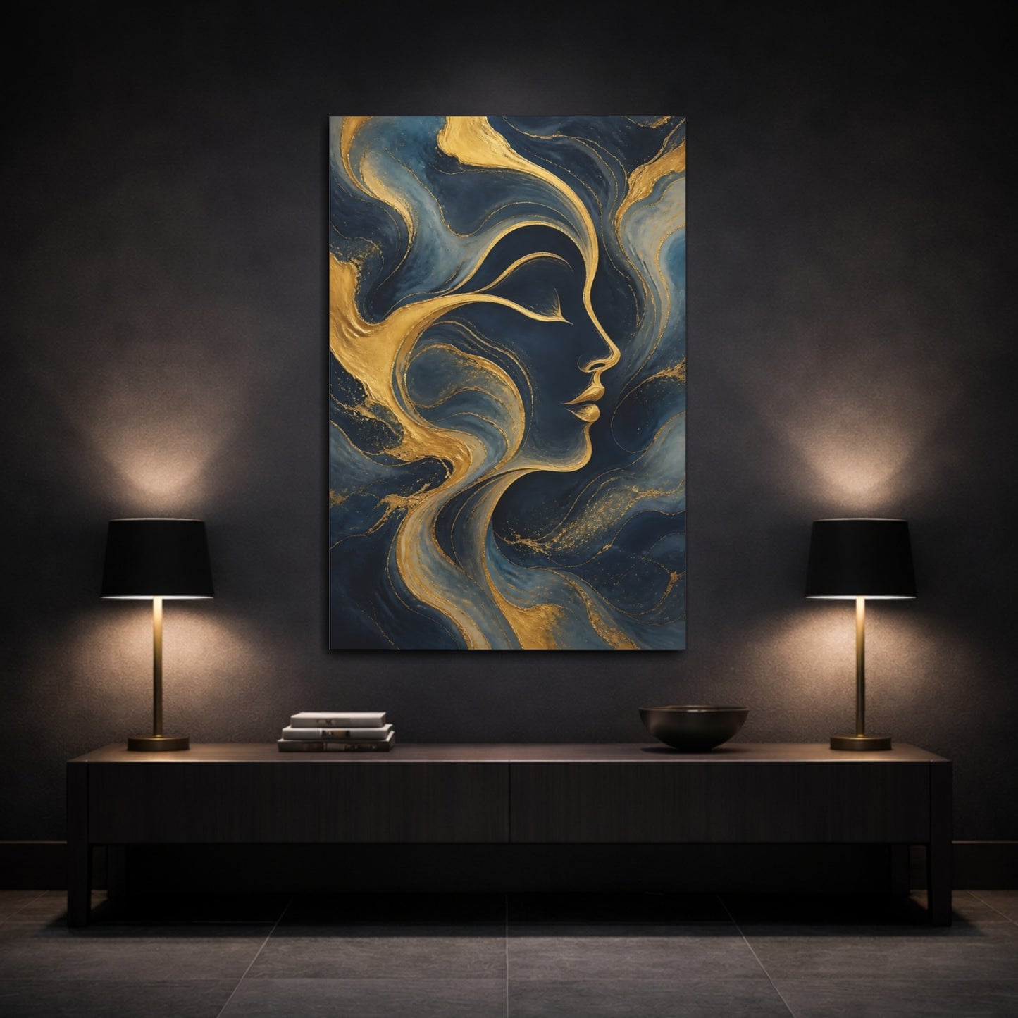 Mockup 3. Abstract Human Profile Blue And Gold shown as stretched canvas wall art