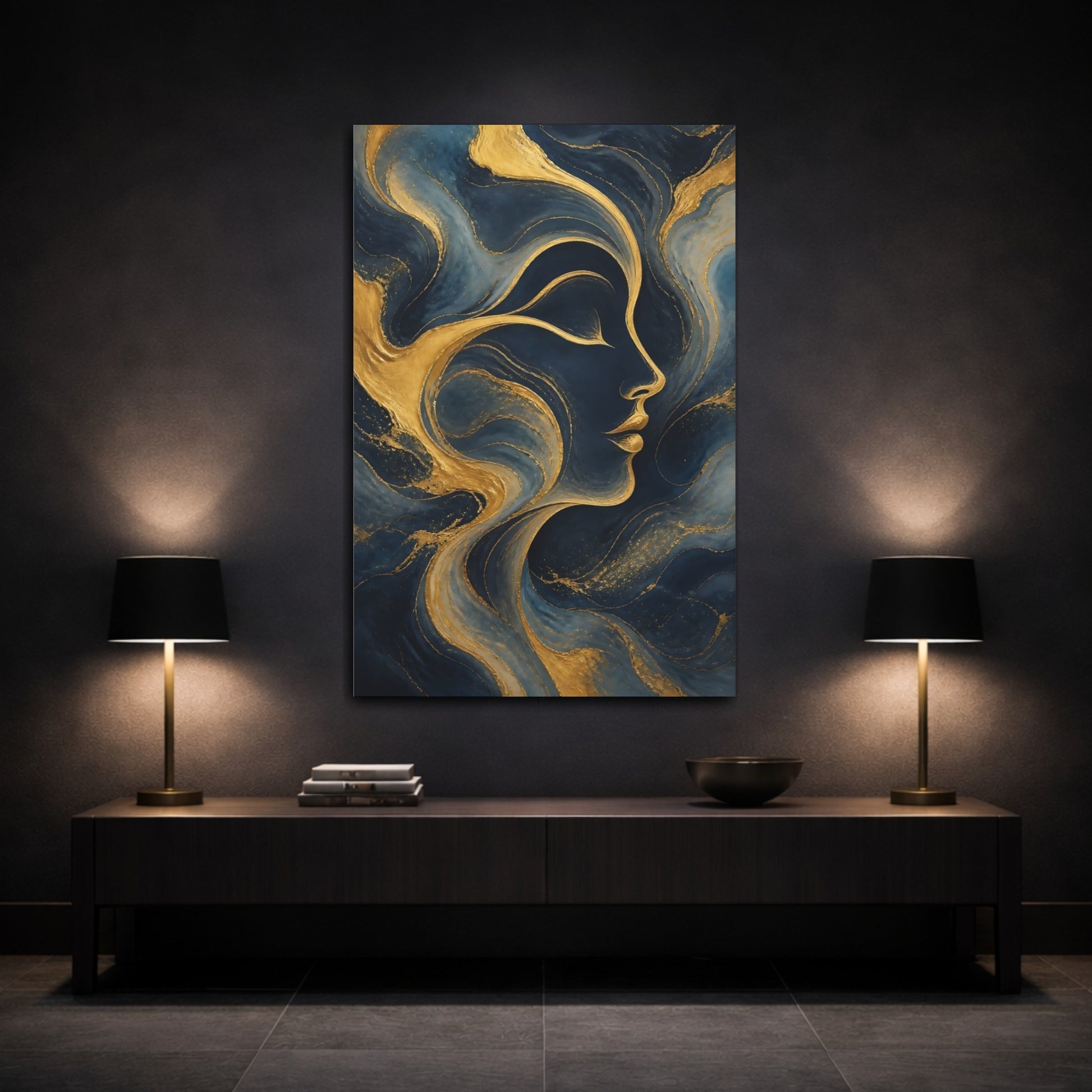 Mockup 3. Abstract Human Profile Blue And Gold shown as stretched canvas wall art