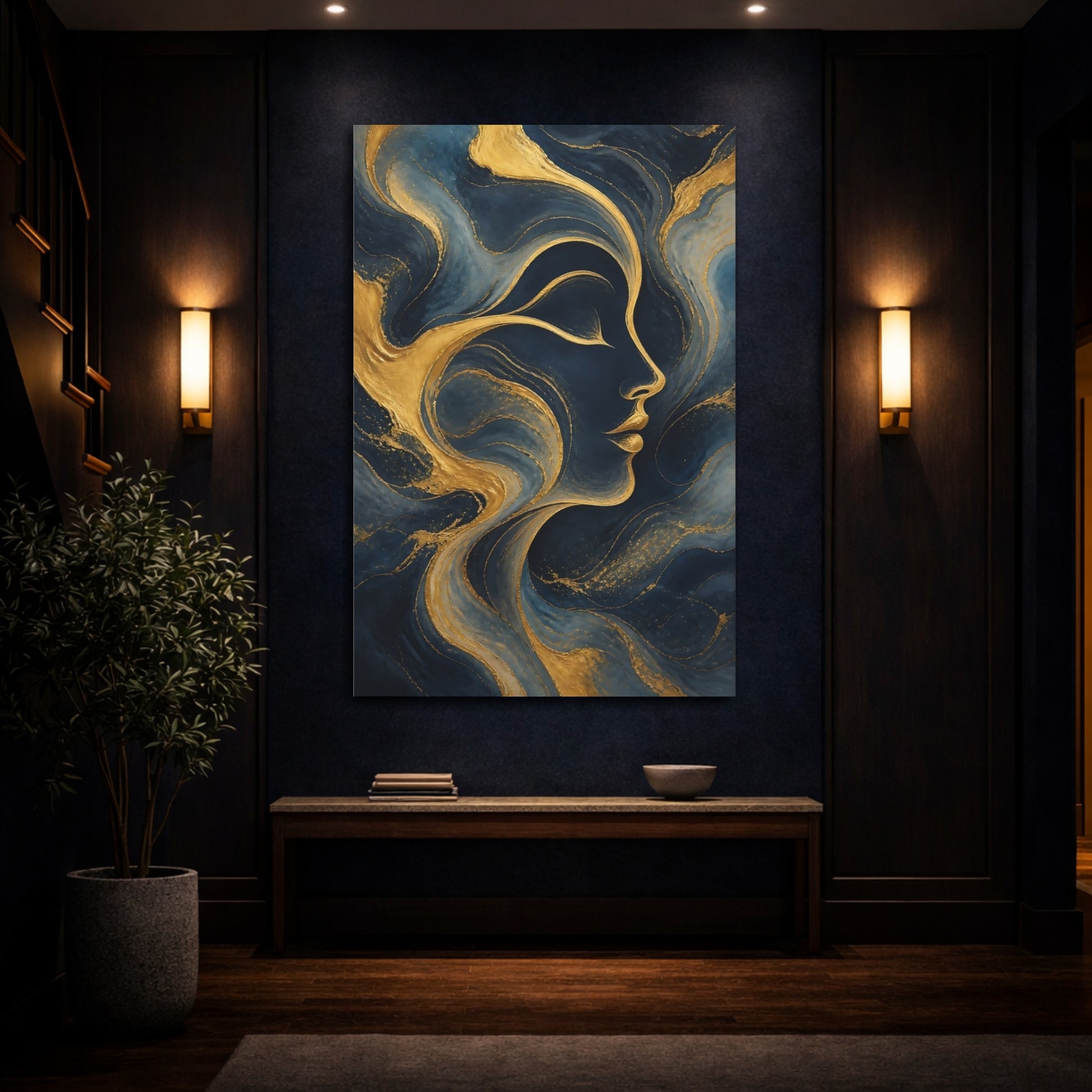 Mockup 4. Abstract Human Profile Blue And Gold shown as stretched canvas wall art