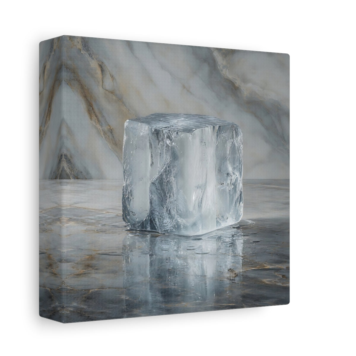 Side Mockup 2. Abstract Ice Block Ice Marble shown as stretched canvas wall art