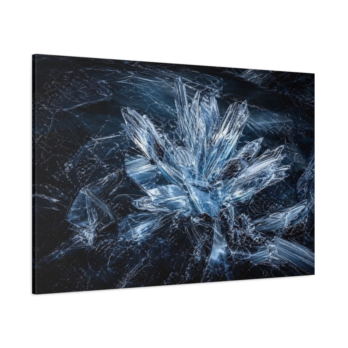Side Mockup 1. Abstract Ice Crystals Blue Crystal shown as stretched canvas wall art