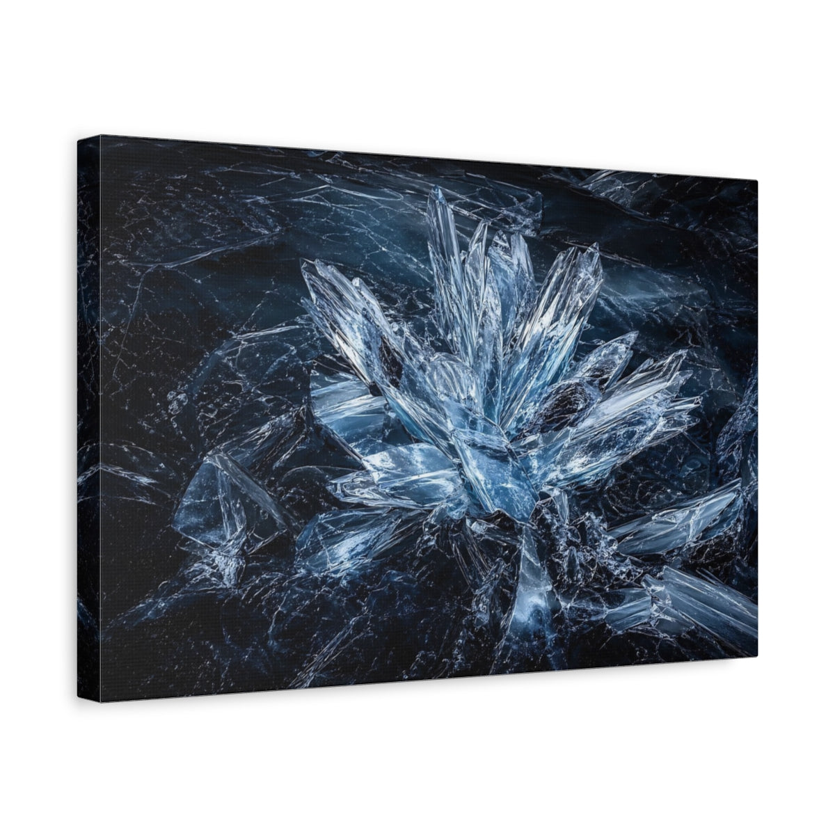 Side Mockup 4. Abstract Ice Crystals Blue Crystal shown as stretched canvas wall art