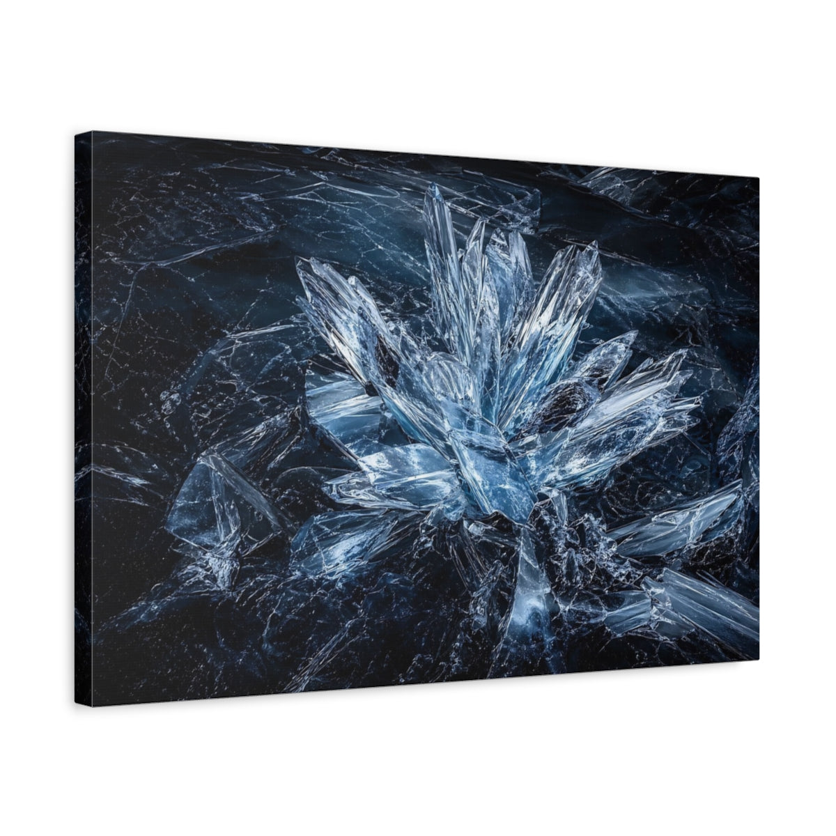 Side Mockup 3. Abstract Ice Crystals Blue Crystal shown as stretched canvas wall art