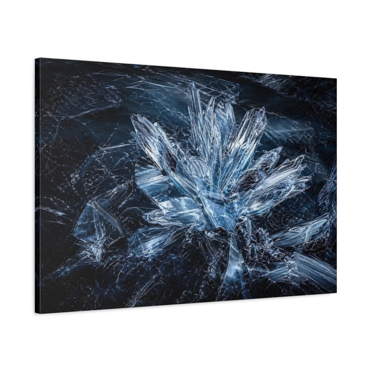 Main Mockup. Abstract Ice Crystals Blue Crystal shown as stretched canvas wall art