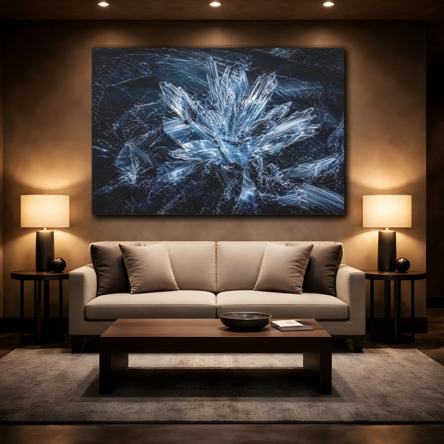 Mockup 2. Abstract Ice Crystals Blue Crystal shown as stretched canvas wall art