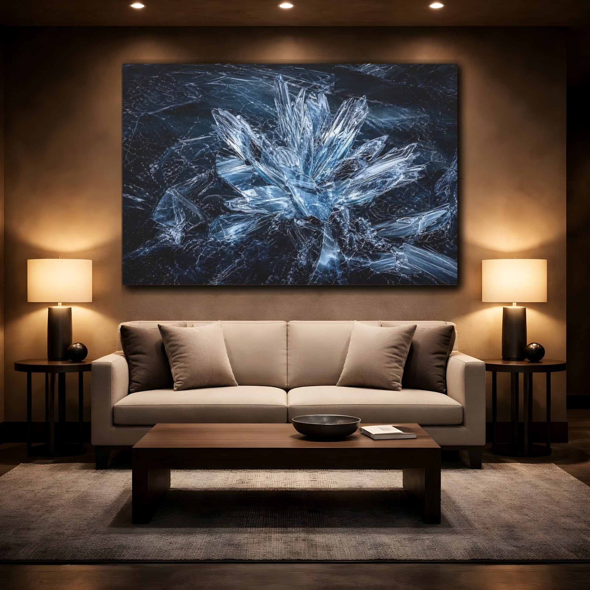 Mockup 2. Abstract Ice Crystals Blue Crystal shown as stretched canvas wall art