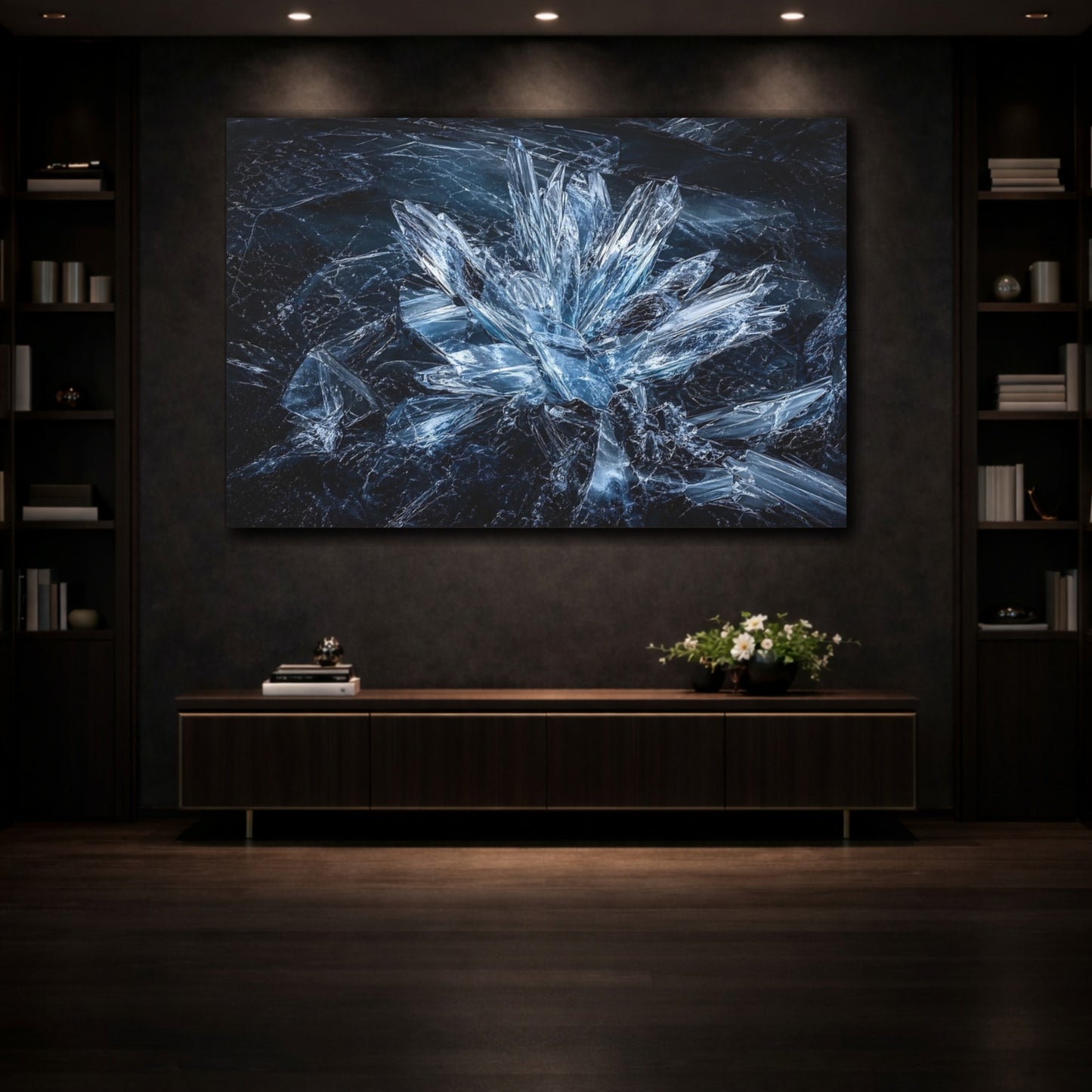Mockup 3. Abstract Ice Crystals Blue Crystal shown as stretched canvas wall art