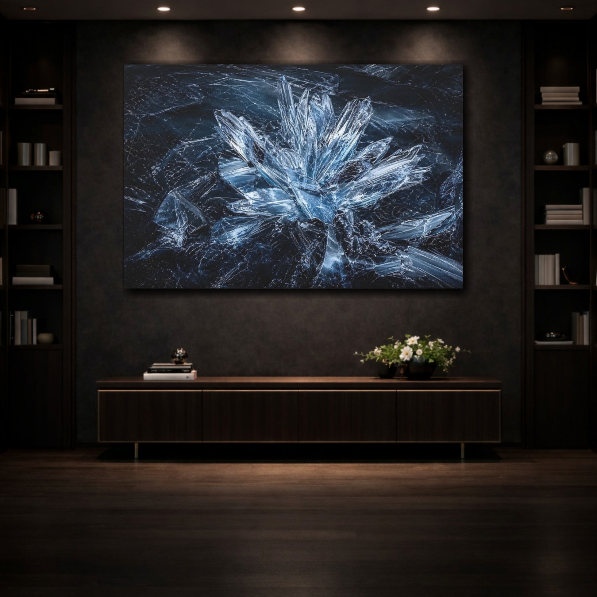 Mockup 3. Abstract Ice Crystals Blue Crystal shown as stretched canvas wall art