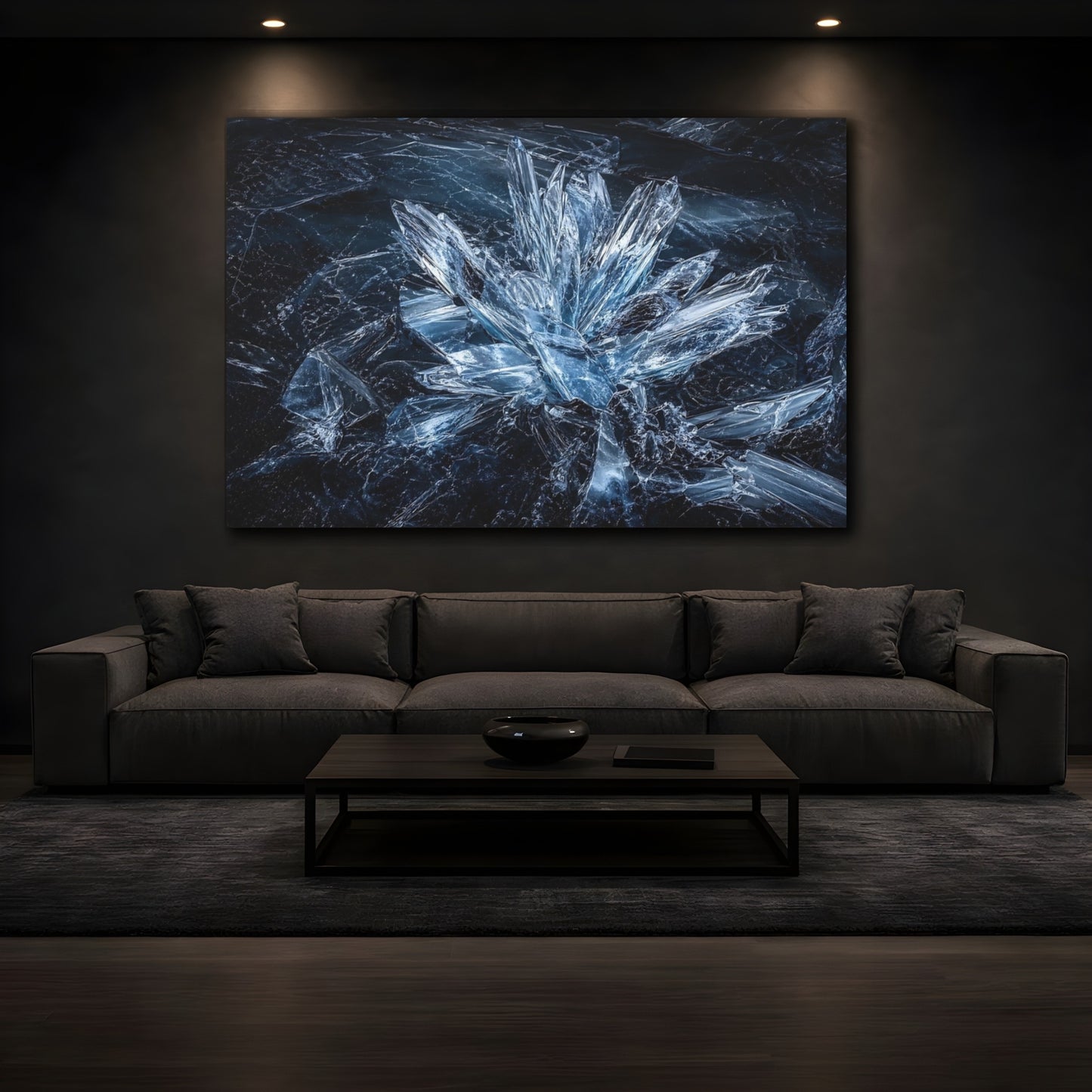 Mockup 4. Abstract Ice Crystals Blue Crystal shown as stretched canvas wall art