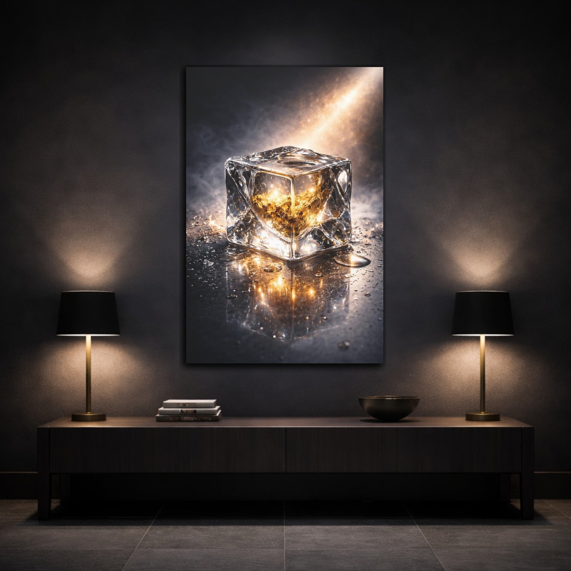 Mockup 2. Abstract Ice Cube Gold And Black shown as stretched canvas wall art