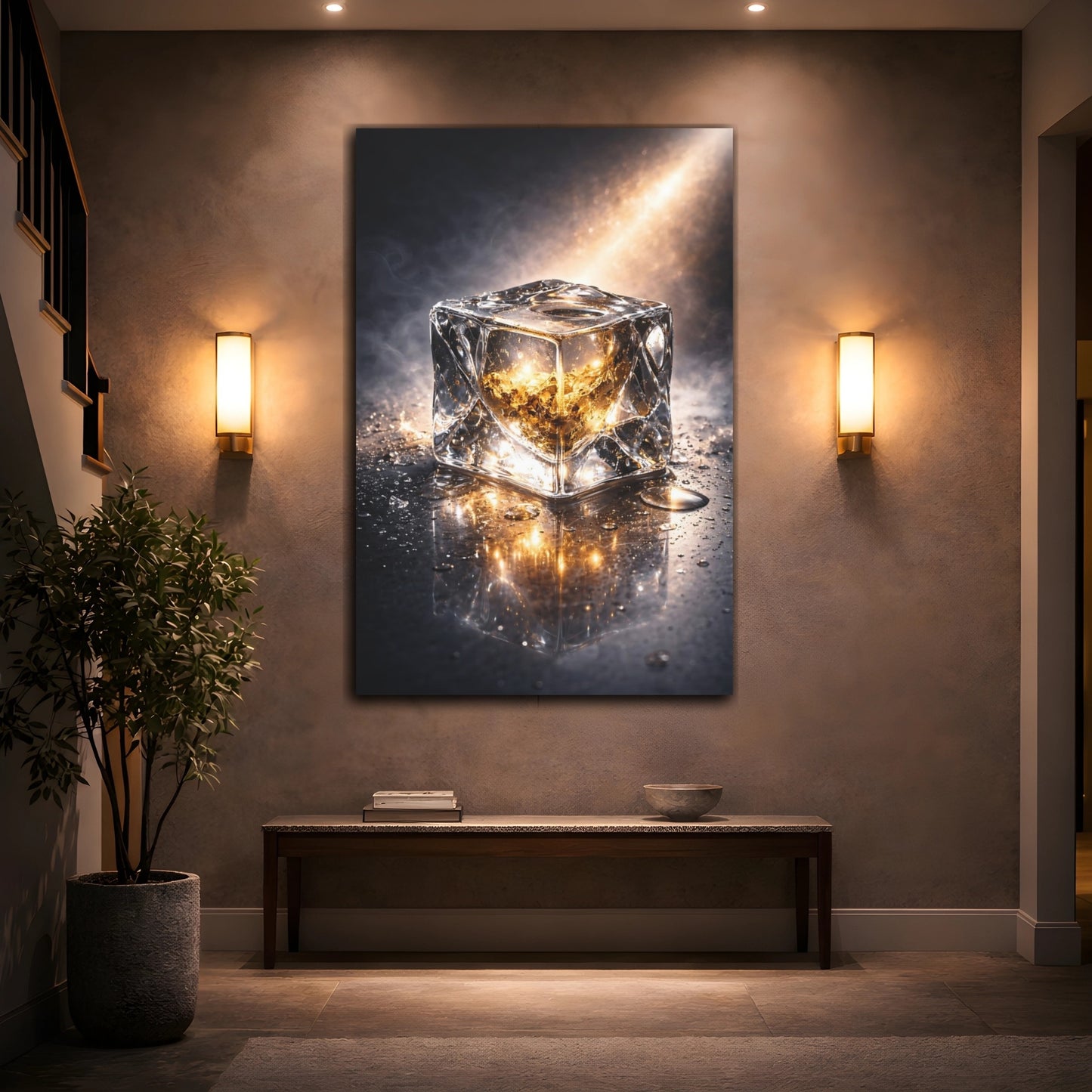 Mockup 3. Abstract Ice Cube Gold And Black shown as stretched canvas wall art