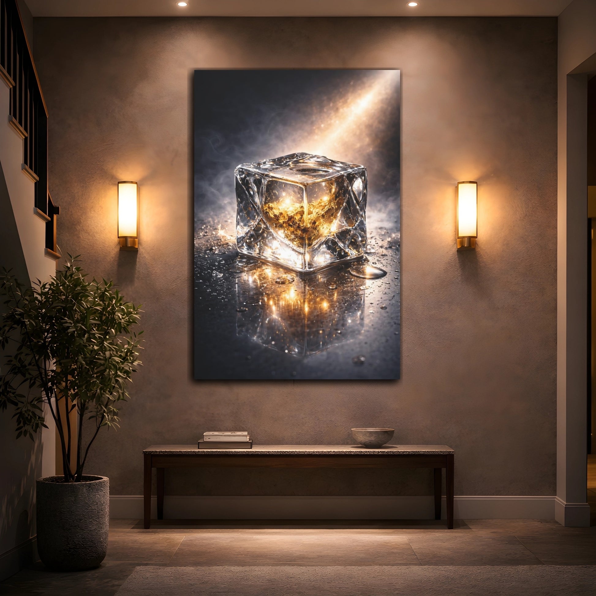 Mockup 3. Abstract Ice Cube Gold And Black shown as stretched canvas wall art