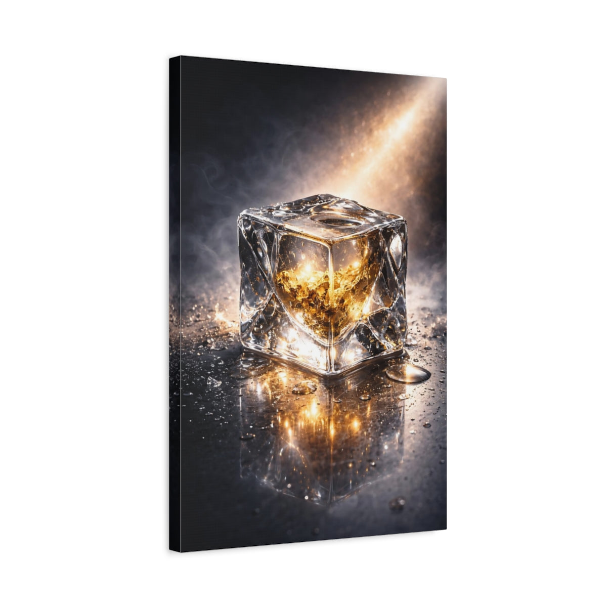 Side Mockup 3. Abstract Ice Cube Gold And Black shown as stretched canvas wall art
