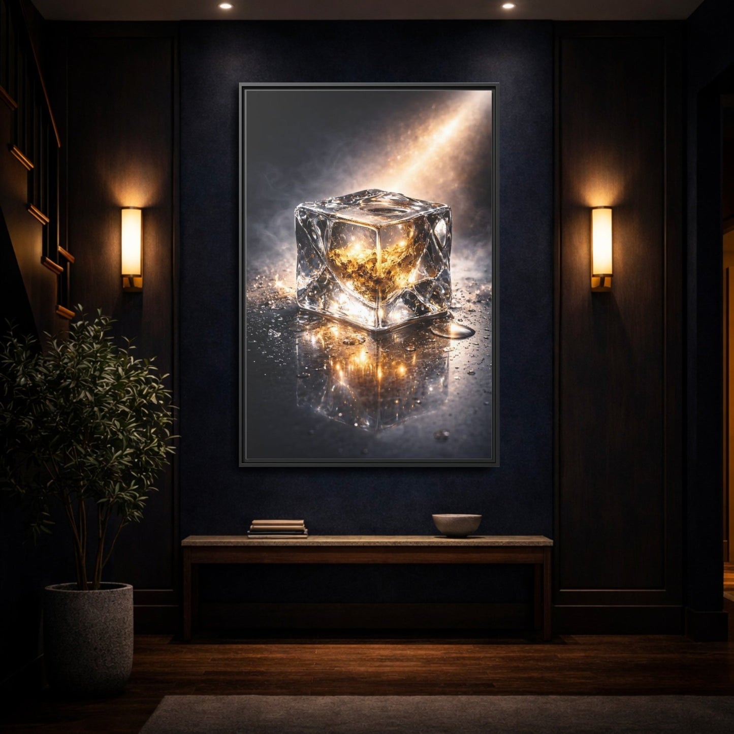 Abstract Ice Cube Gold - Framed Canvas Wall Art Print - YesArtYes